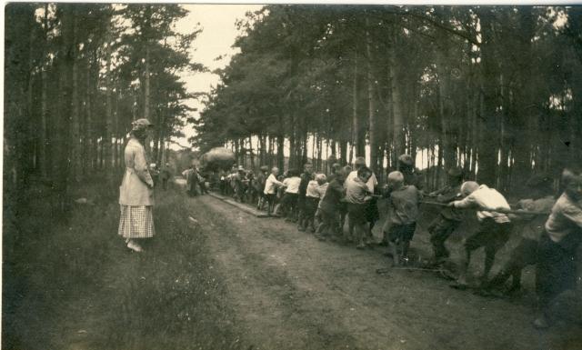 Esterhøjstenen, "Troldstenen", Genforeningsstenen  slæbes til Esterhøj,gennem Høve Skov, 1920 (B1477)