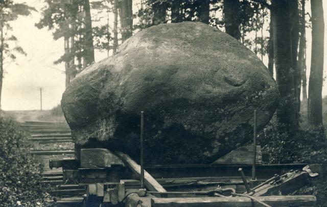 Esterhøjstenen, "Troldstenen", Genforeningsstenen på blokvogn i Høve Skov, 1920 (B1517)