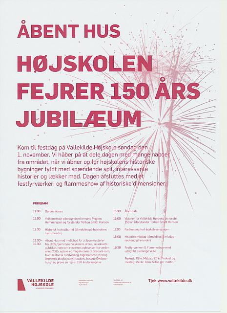 Plakat med dagens program ved fejringen af Vallekilde Højskoles 150 års jubilæum den 1. november 2015