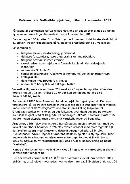 Velkomsttale v. Mogens Hemmingsen (formand for Vallekilde Højskole) 01.11.15 Side 1