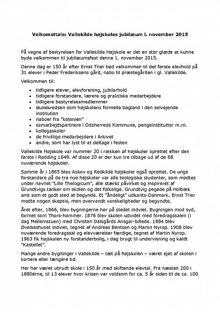 Velkomsttale v. Mogens Hemmingsen (formand for Vallekilde Højskole) 01.11.15 Side 1