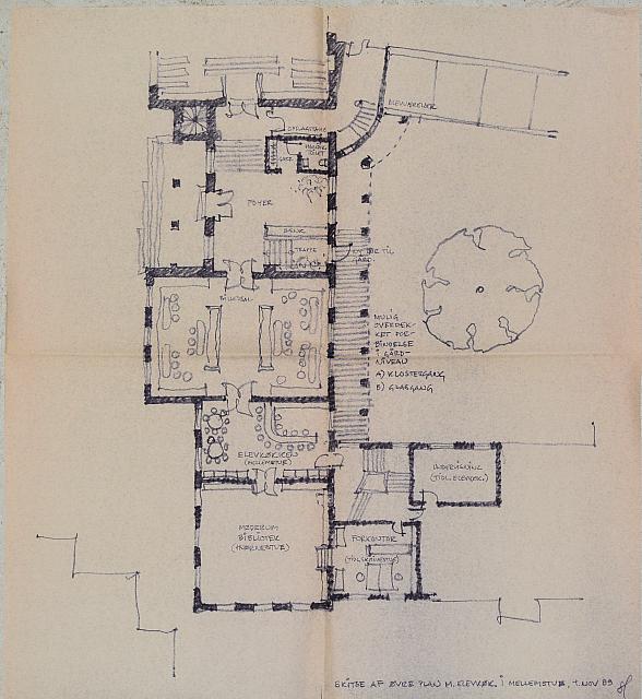 Forarbejde til restaurering af Nyropbygningen 1993-1994. Skitse af øvre plan m. elevkøk.