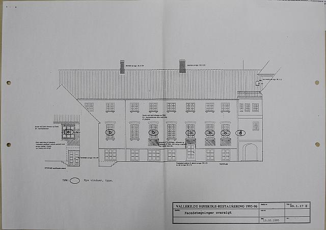 Restaurering af Vallekilde Højskole 1995. Facadetegninger, oversigt.