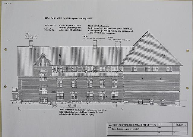 Restaurering af Vallekilde Højskole 1995. Facadetegninger, oversigt.