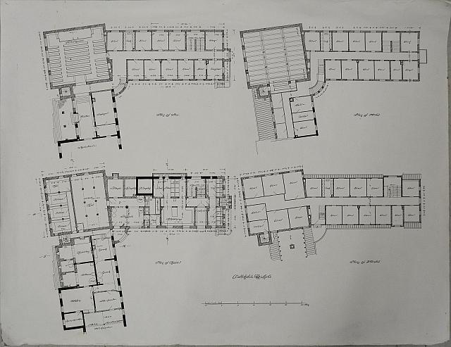 Plan af kælder, stue, 1. etage og 2. etage.