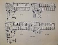 Plan af kælder, stue, 1. etage og 2. etage.